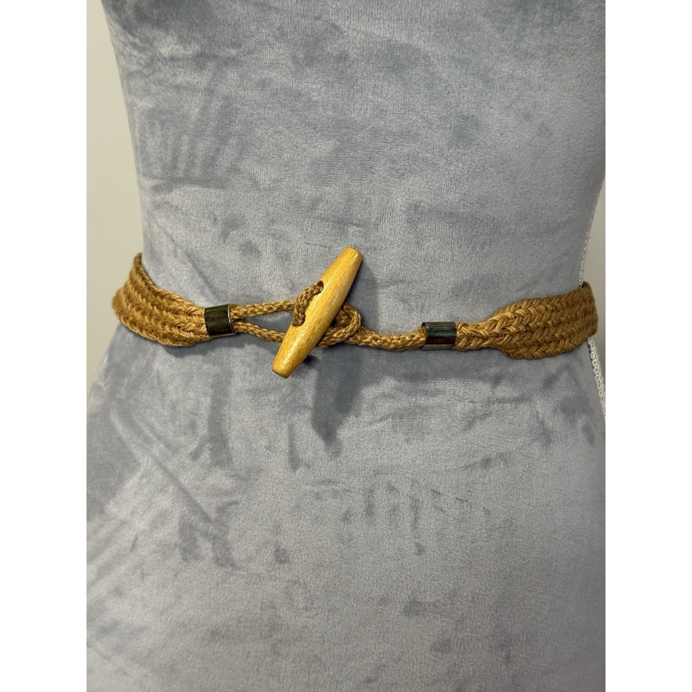 Vintage Tan Brown 1" Braided Woven Jute Rope Stretch Belt Wood Toggle 26-28"